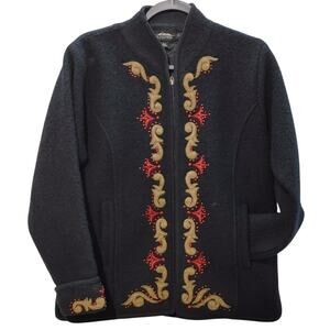 Icelandic Designs Cardigan Sweater 100% Wool Zip Up Embroidered Black Womens S